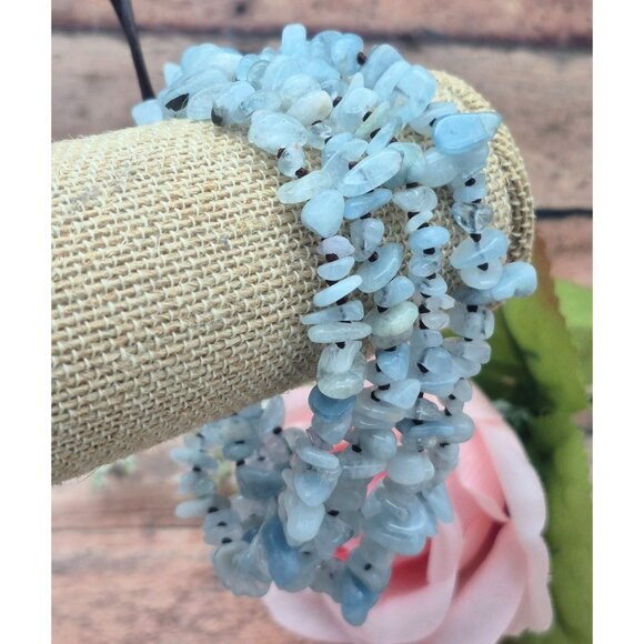 Muti Strand Natural Blue Aquamarine Chip Stone Bracelet Boho Hippie Nature Lover - Picture 5 of 9